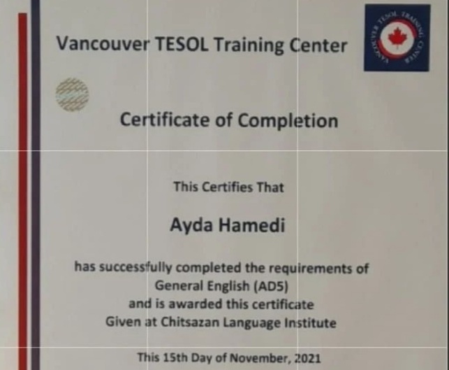 Aida's Vancouver TESOL Training Center certification