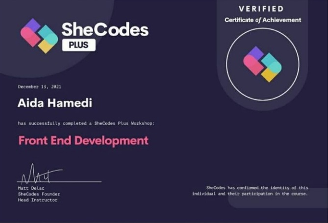 Aida's SheCodes plus certification